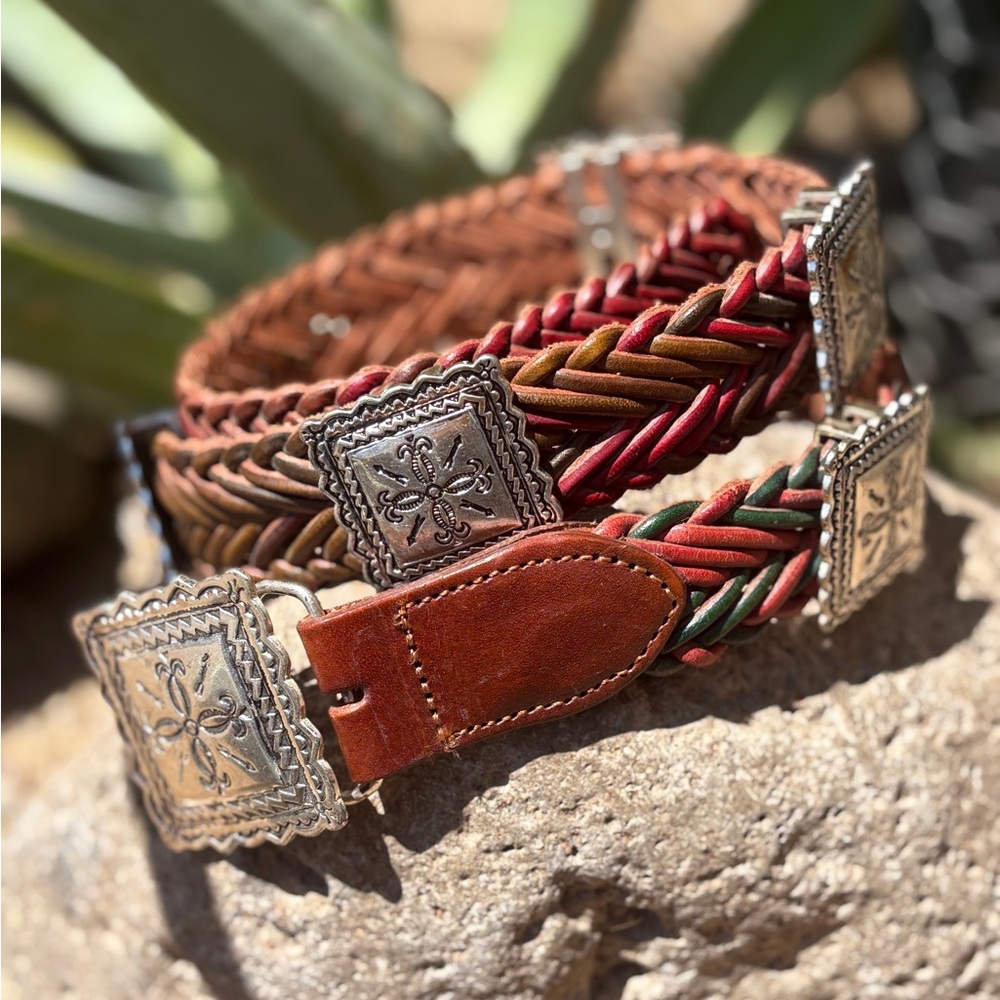 Vintage Western Large 7 Concho R.O.C. Braided Leather Belt Made In Taiwan 1994